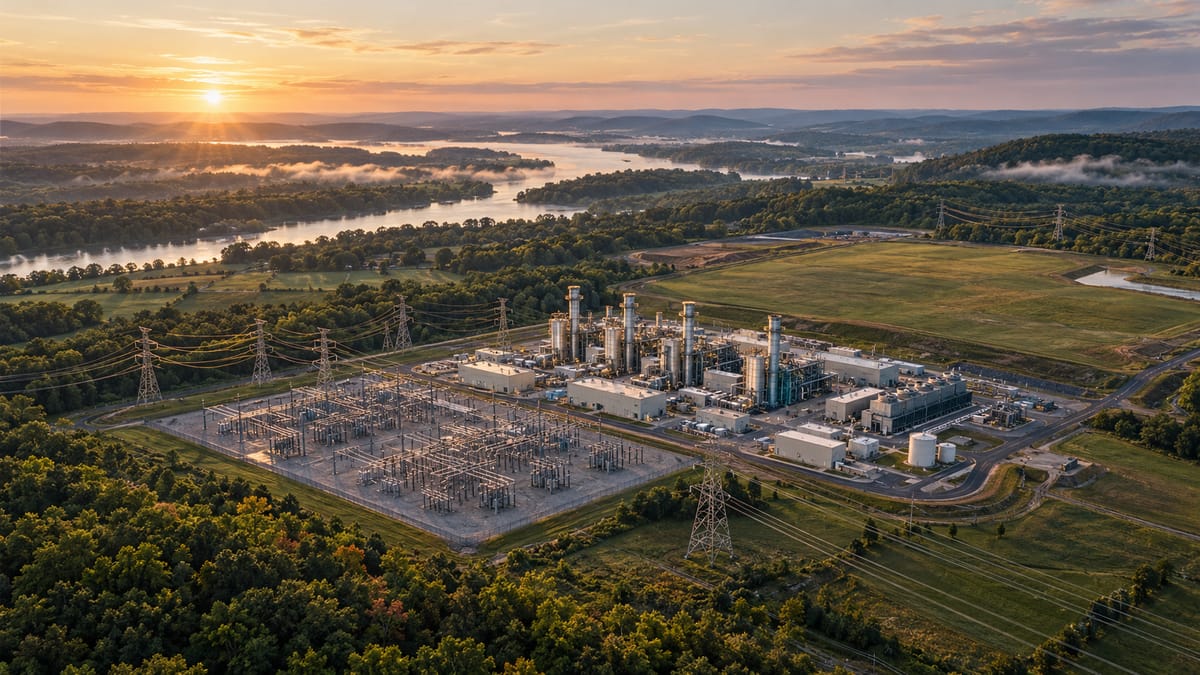 Illustration of a generation site with a substation, transmission lines and surrounding land